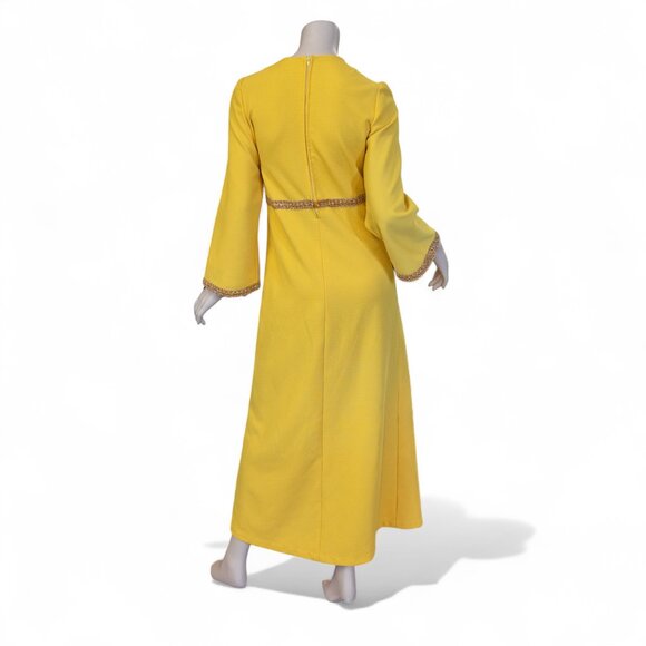 Vintage 1960s Goldenrod Yellow Maxi Dress with Metallic Gold Trim * Medium - Picture 7 of 10